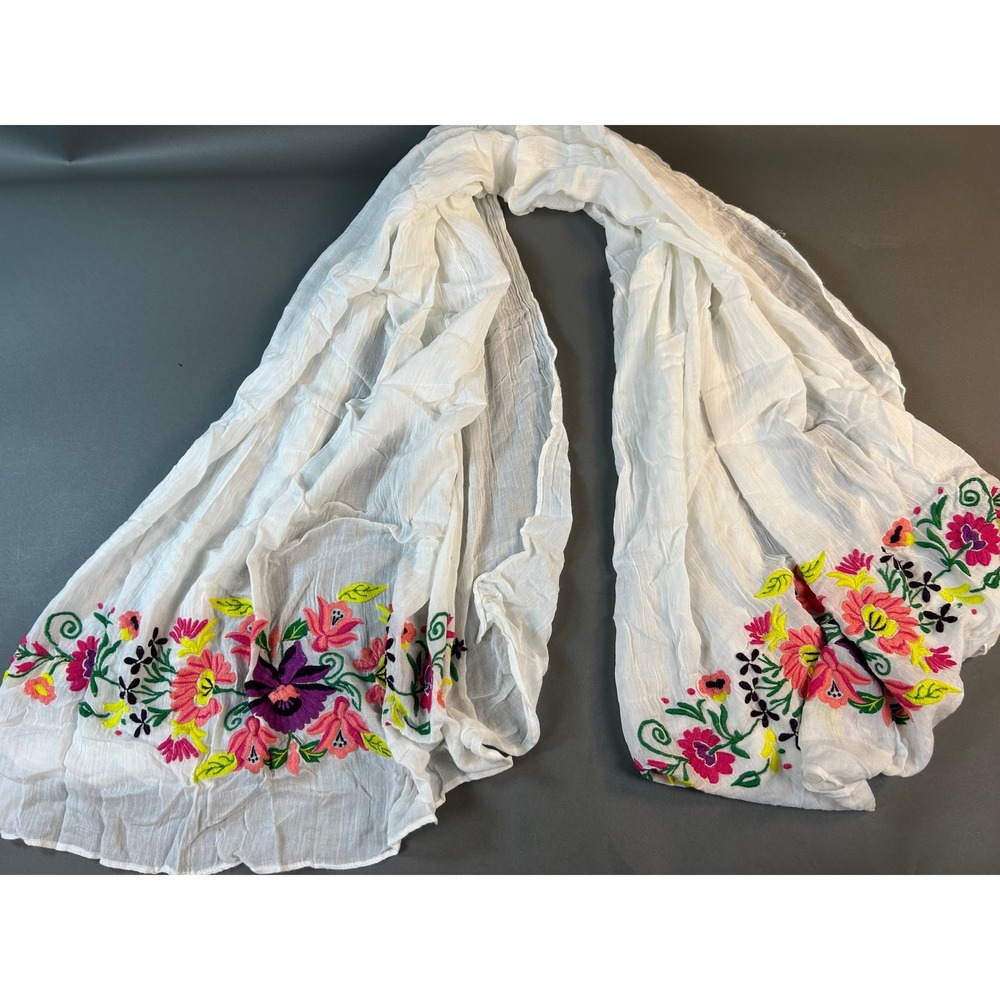 White Floral Embroidered Scarf Cotton Rayon Blend Boho Rectangular Wrap